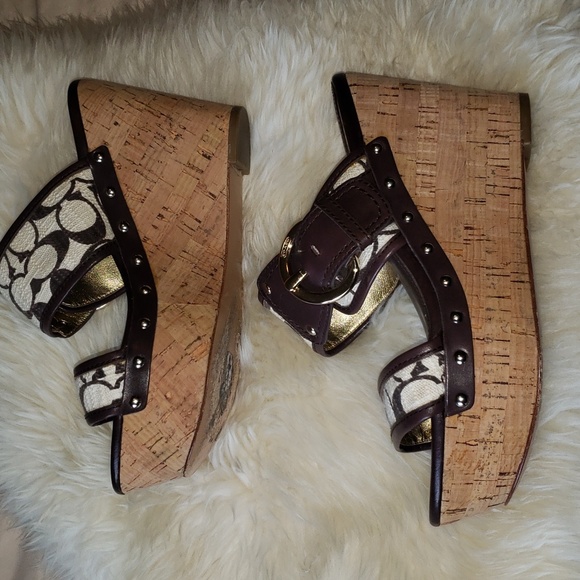 Coach Platform Wedge Open Toe Slide Sandals Brown Tan 6 - Picture 5 of 10